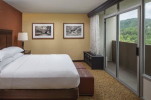 A hotel room to relax in after exploring distilleries in Gatlinburg.