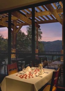 The outdoor dining area of a hotel near downtown Gatlinburg, TN.