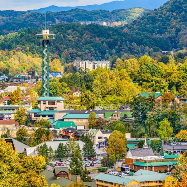 An aerial view of downtown Gatlinburg, TN.