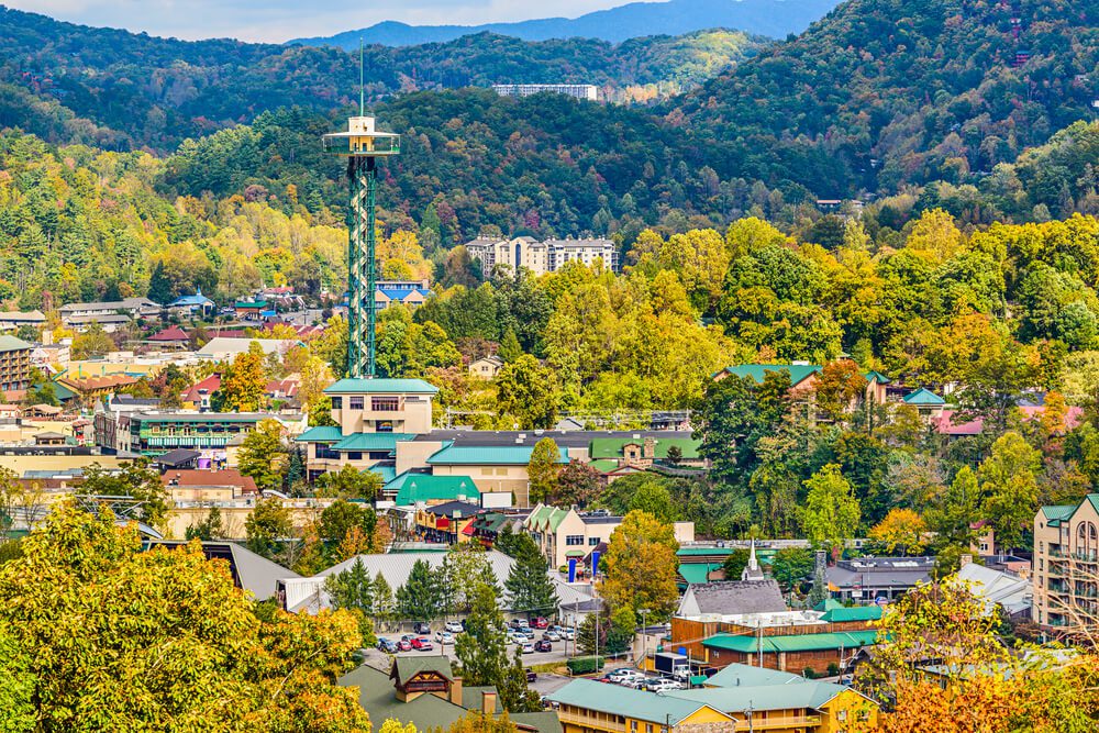 An aerial view of downtown Gatlinburg, TN.