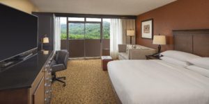 A guestroom in a hotel that's along the Gatlinburg Trolley route.