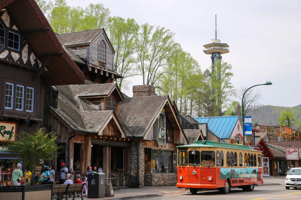 The Gatlinburg Trolley driving along its route.