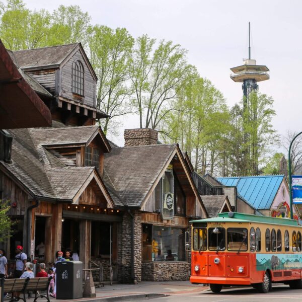 The Gatlinburg Trolley driving along its route.