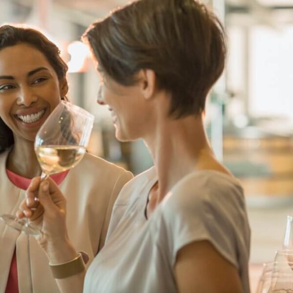 Two women with glasses of wine at wineries in Tennessee near Gatlinburg.