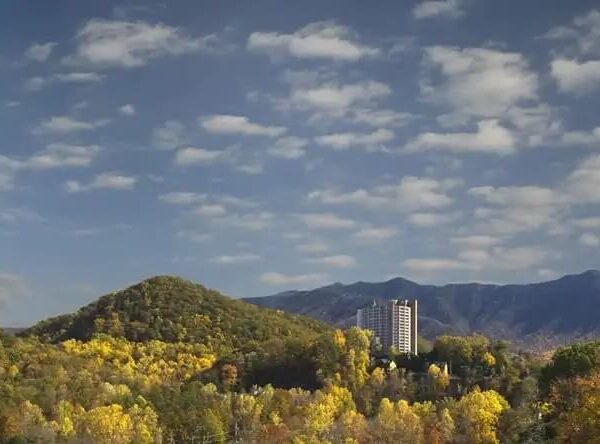 The view of a round hotel in Gatlinburg.