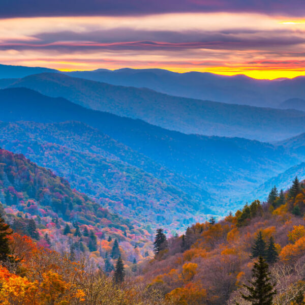 A view of Gatlinburg fall colors in the Great Smoky Mountains.