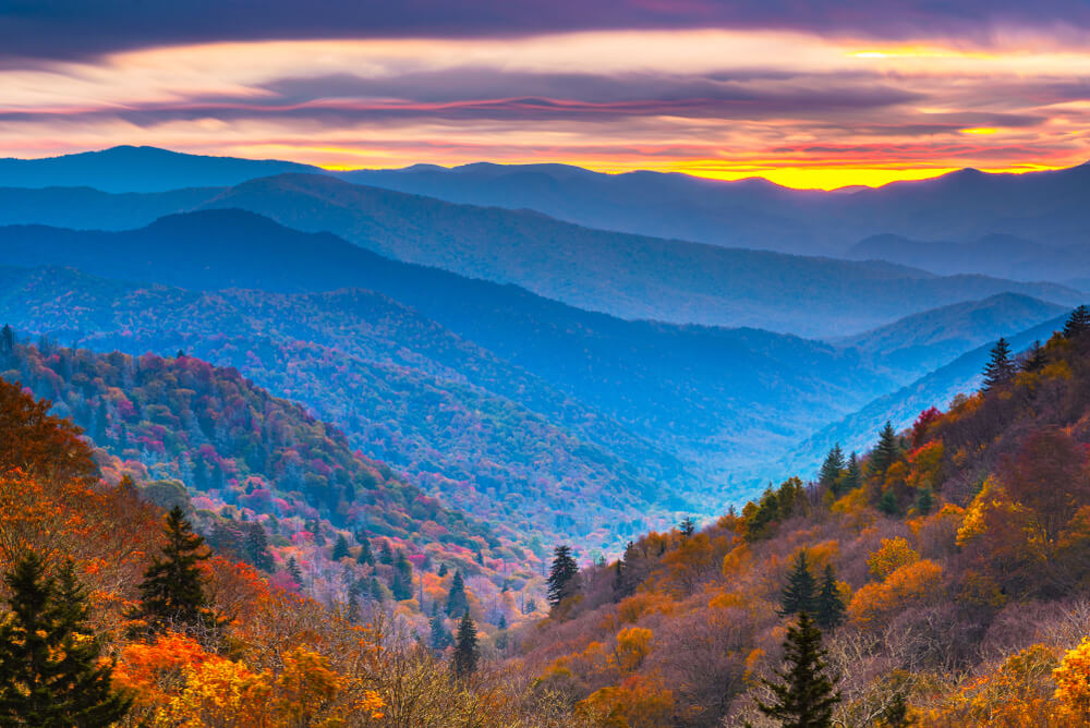 A view of Gatlinburg fall colors in the Great Smoky Mountains.
